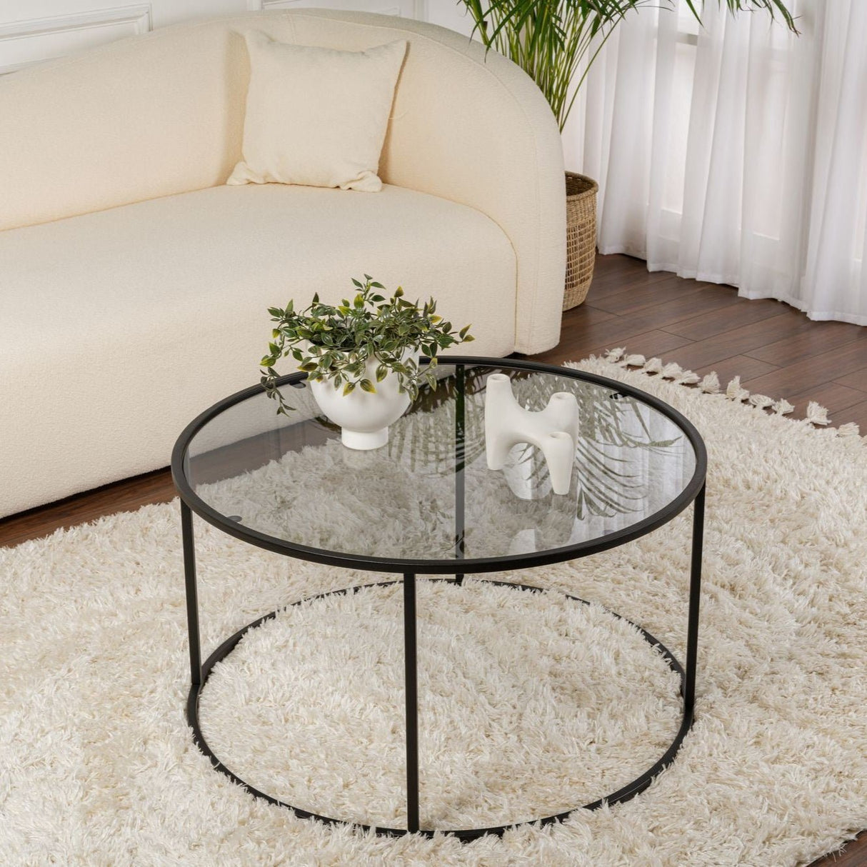 Salontafels - Moderne Ronde Salontafel Uru Zwart - Grijs Glas - 80 cm - Dimehouse
