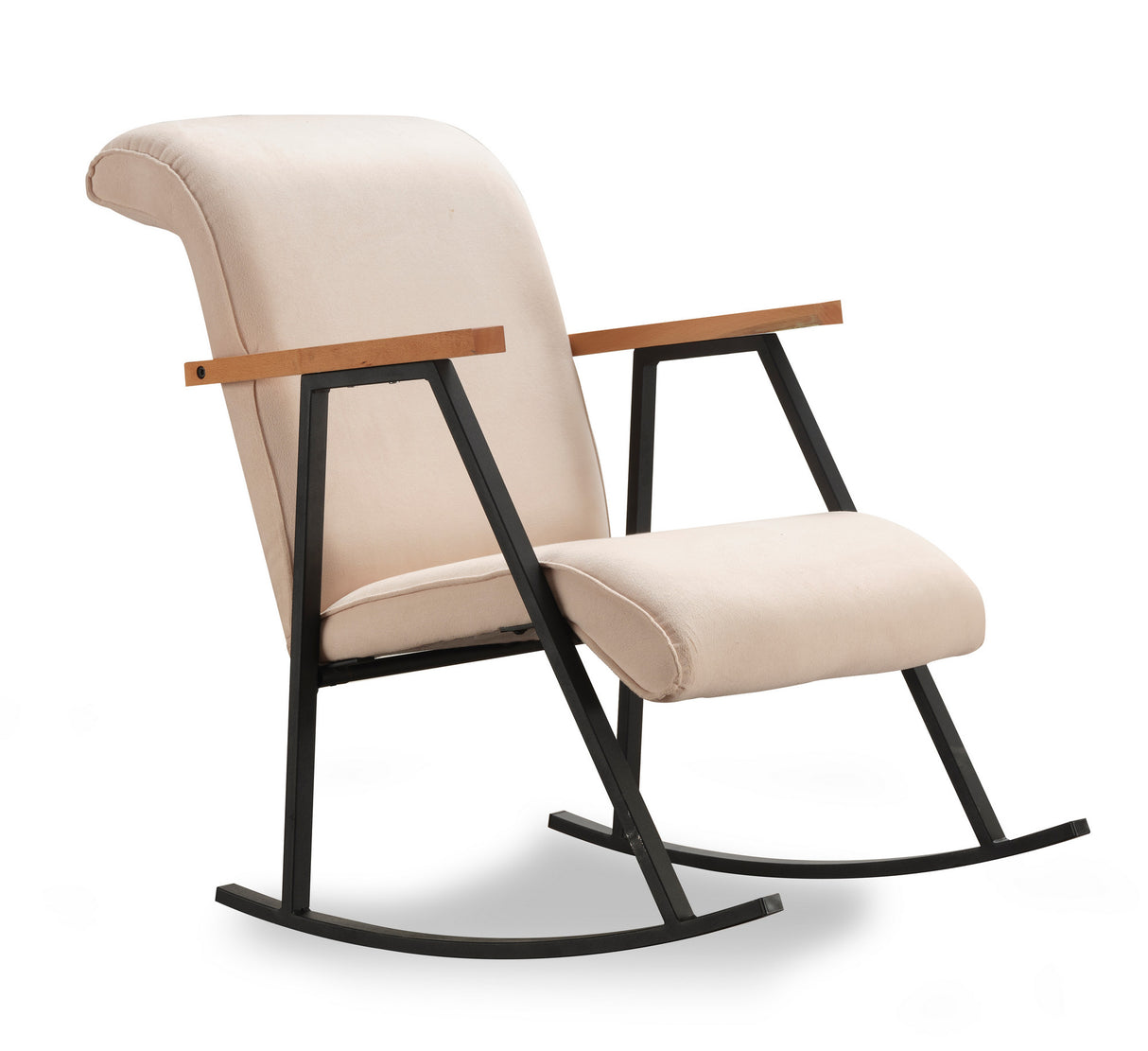 Fauteuils - Retro schommelstoel beige velvet met beukenhout armleuning Yoka - Dimehouse