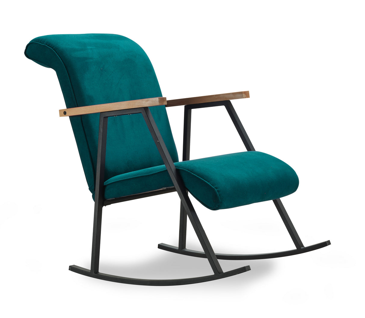 Fauteuils - Retro schommelstoel petrol blauw velvet met beukenhout armleuning Yoka - Dimehouse
