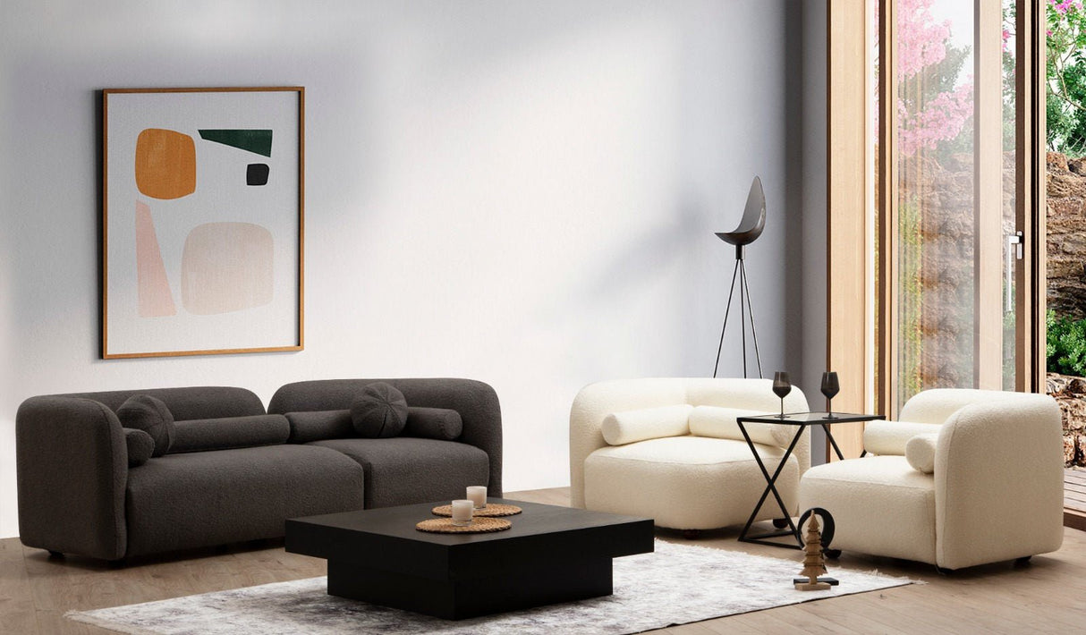 Fauteuils - Japandi fauteuil beige bouclé met walnoot poot Victoria - Dimehouse