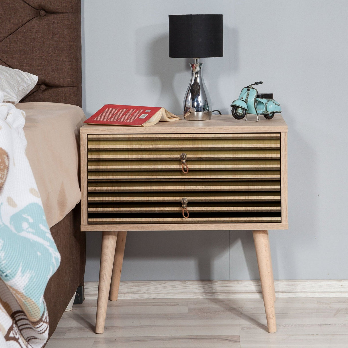 Nachtkastjes - Nachtkastje Catalina Sonoma Eik Melamine 60x61x40 cm - Dimehouse