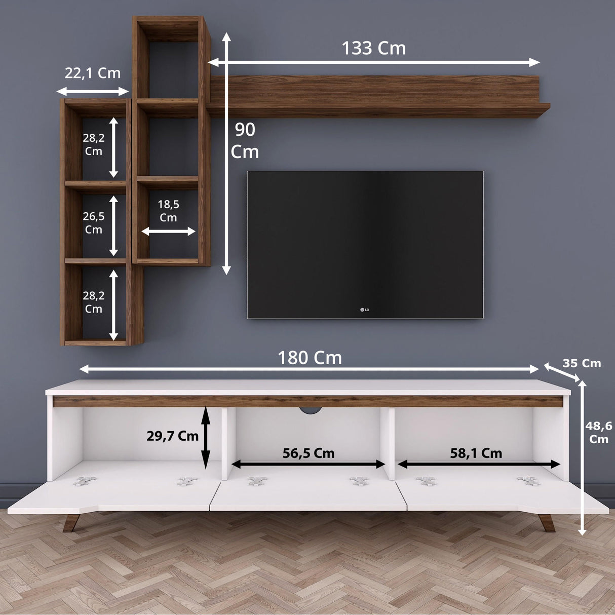 Set Mobile TV Iona Bianco Noce Scuro Melaminico 180x48,6x35 cm