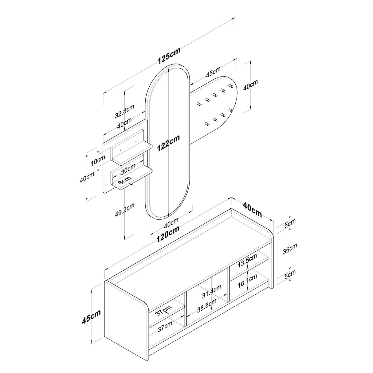 Set di mobili Appendiabiti - Specchio - Scarpiera - Melaminico Bianco-Noce - Hally