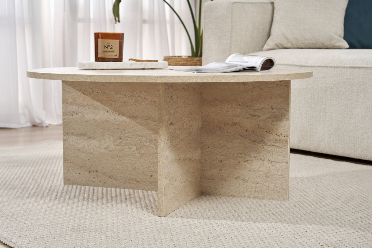 Salontafels - Ronde salontafel Travertin melamine - 90x90x40 cm - Dakota - Dimehouse