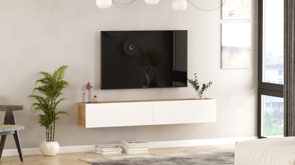 TV Meubels - Zwevend TV Meubel Turin Atlantisch Dennenhout Wit Melamine 180x29,6x31,6 cm - Dimehouse