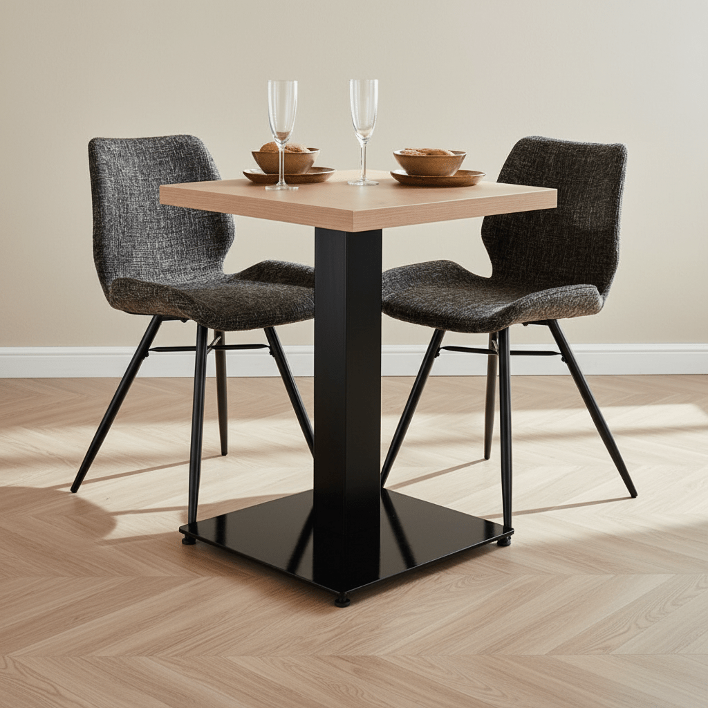 Tavolo da bistrot Robin quadrato in melamina rovere rustico foto suggestiva in un interno moderno