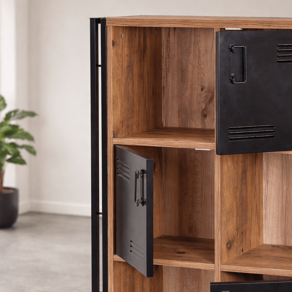 Boekenkasten - Industriële kast dennenhout melamine zwart metaal Cosmo 89x127x35 cm - Dimehouse