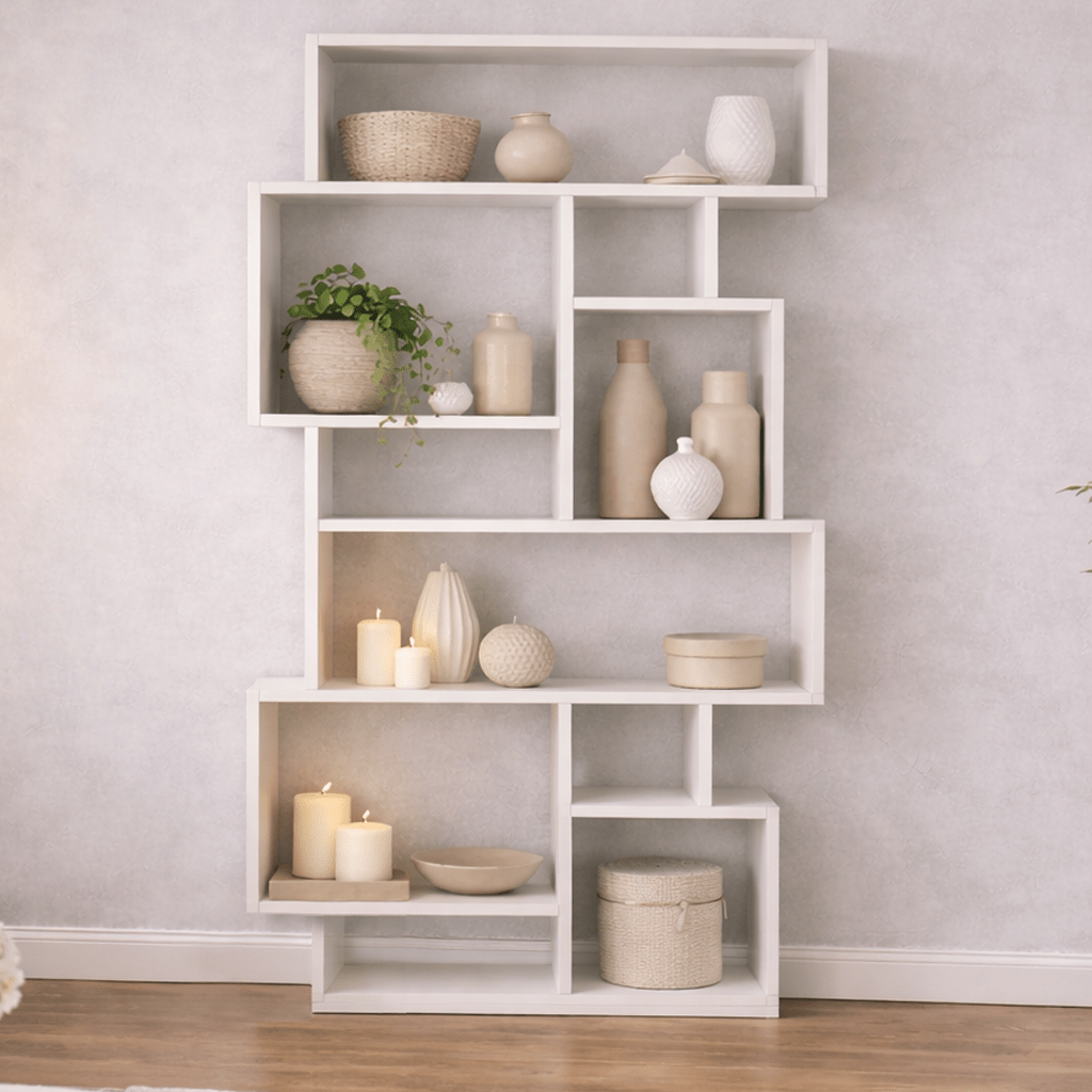 Boekenkasten - Asymmetrische boekenkast wit melamine Karmato 96x168,5x25,5 cm - Dimehouse