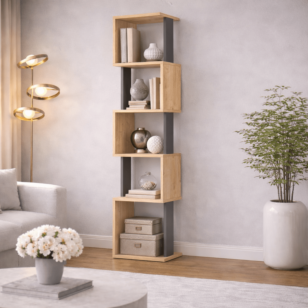 Libreria 5 scomparti a zigzag rovere melaminico antracite Piri 35x161x30 cm