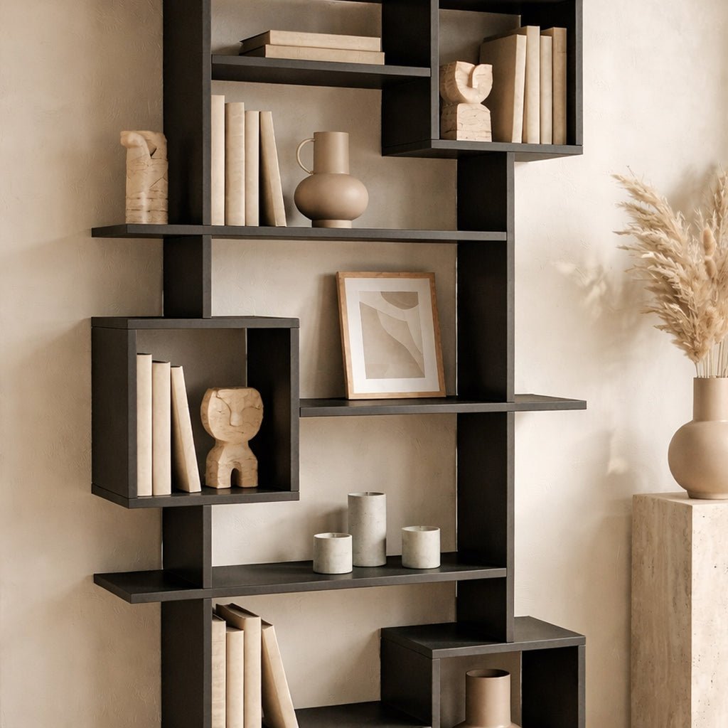 Boekenkasten - Asymmetrische boekenkast antraciet melamine Soto 92x173x28 cm - Dimehouse