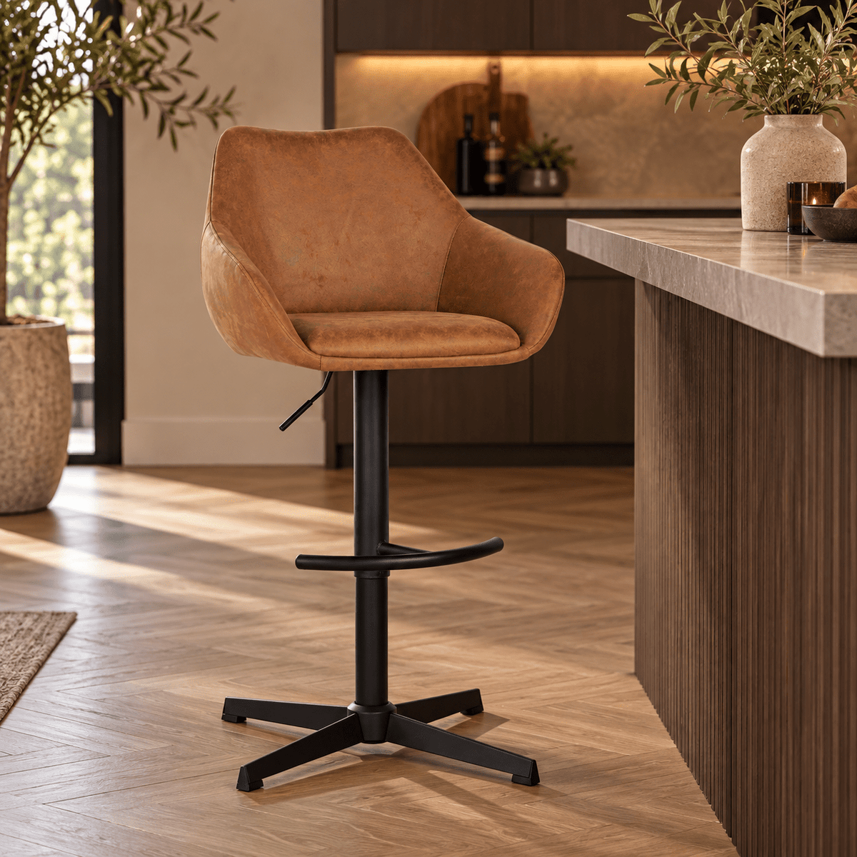 Barkrukken-Venom Barkruk Cognac Eco-leer - Verstelbare Draaibare Barstoel met Armleuning-Dimehouse