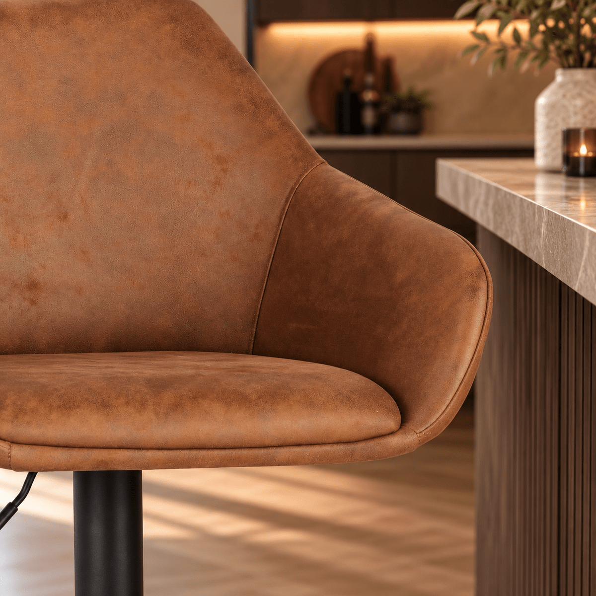 Barkrukken-Venom Barkruk Cognac Eco-leer - Verstelbare Draaibare Barstoel met Armleuning-Dimehouse