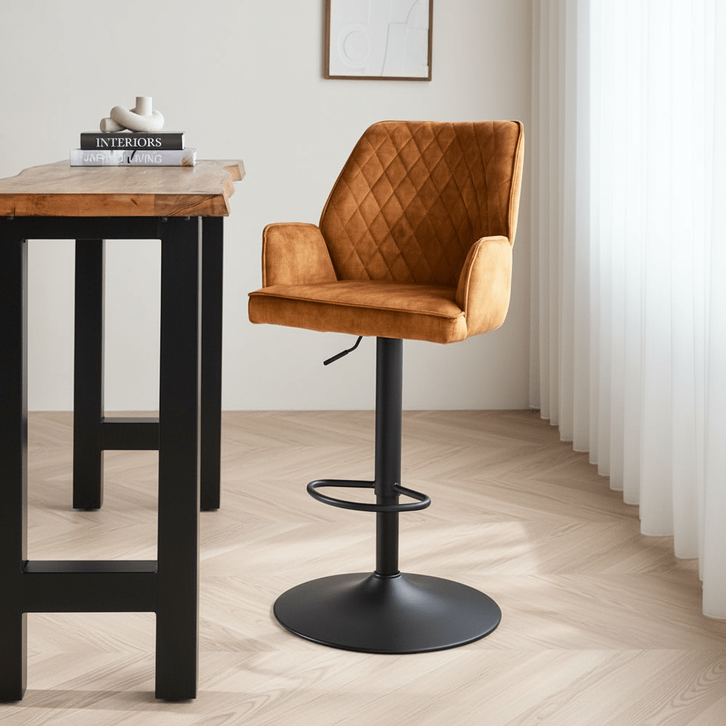 Sgabello da bar girevole Velluto Cognac Novan - Regolabile - Con braccioli Foto suggestiva in un interno moderno