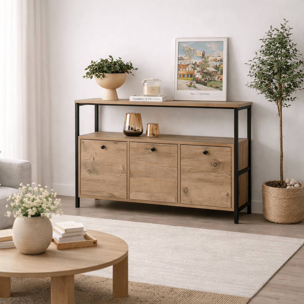Dressoirs - Dressoir Atlantisch Dennenhout Saloce - Zwart Frame - Drie Vakken - 120x77 cm - Dimehouse