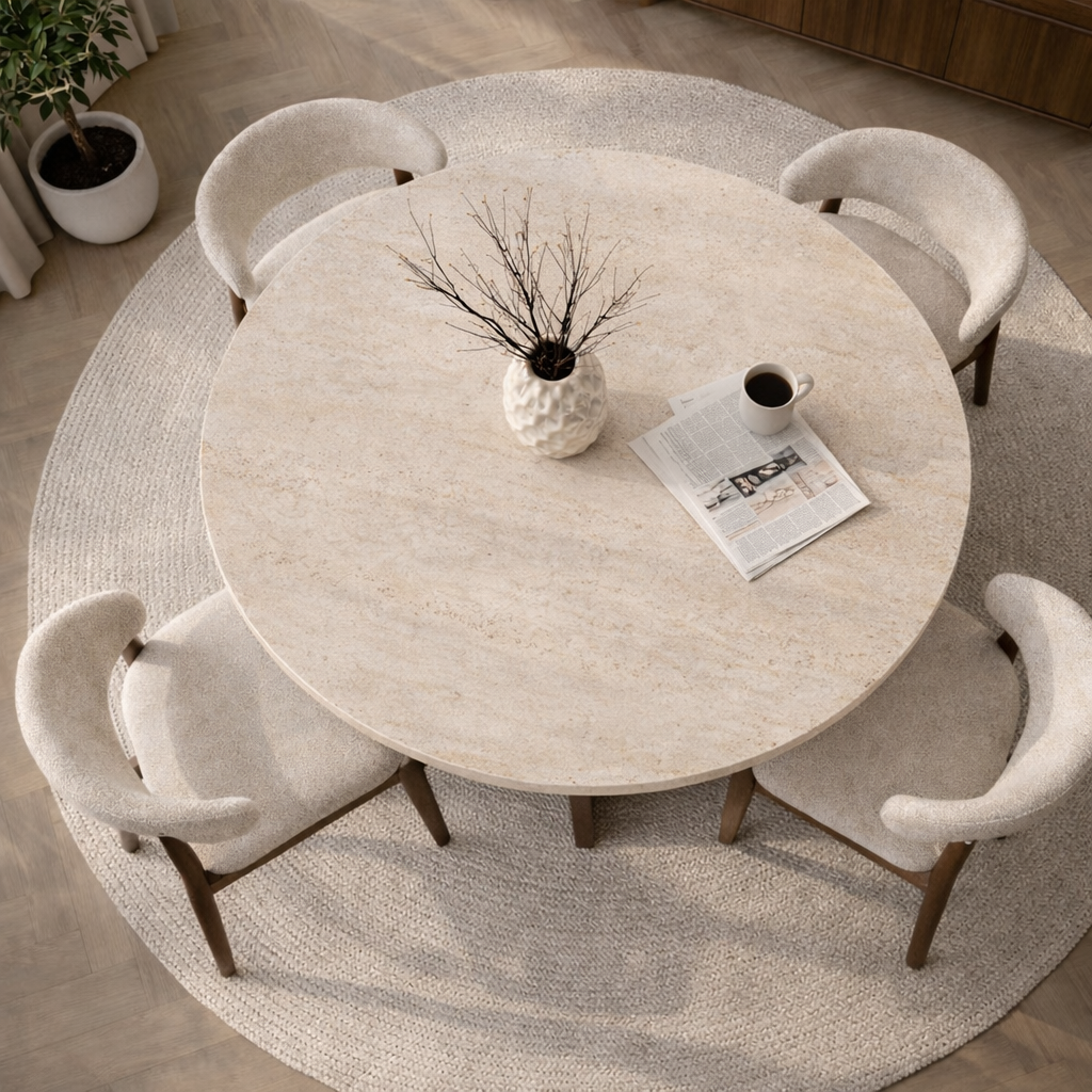 Eettafels - Eetkamertafel rond Walnoot met Travertin top - 120 cm - Mary - Dimehouse