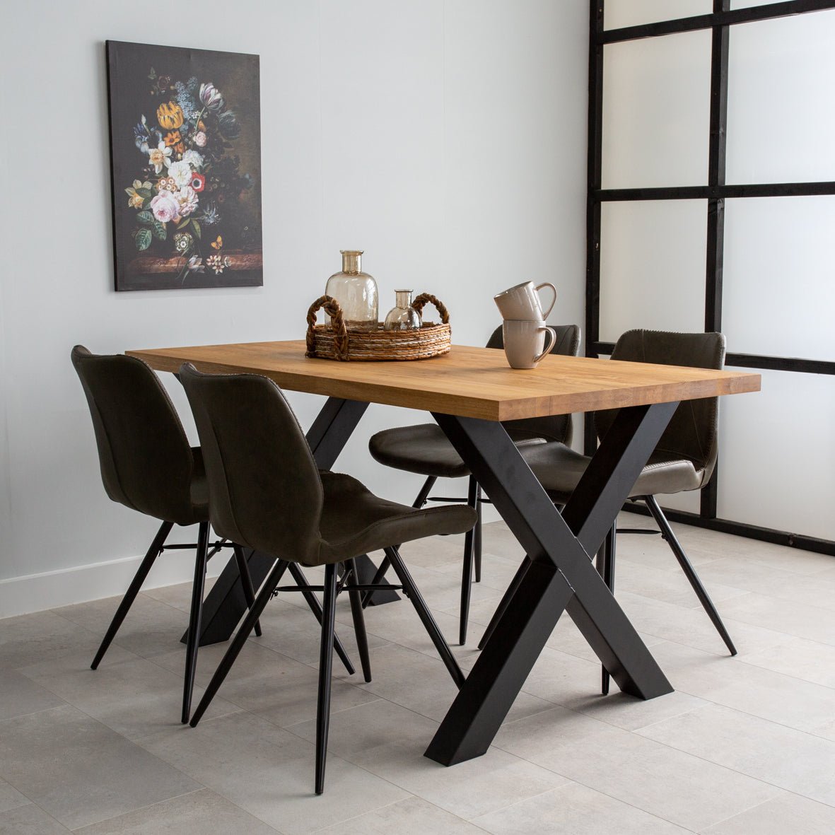Eettafels - Industriële Eettafel Eikenhout X - poot Zwart Rover - Dimehouse