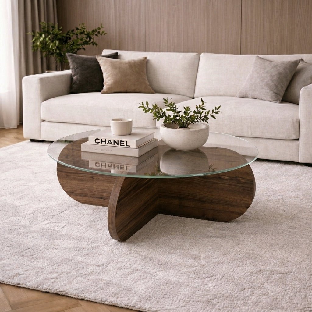 Salontafels-Ronde salontafel Aris walnoot melamine en transparant glas 75 cm-Dimehouse