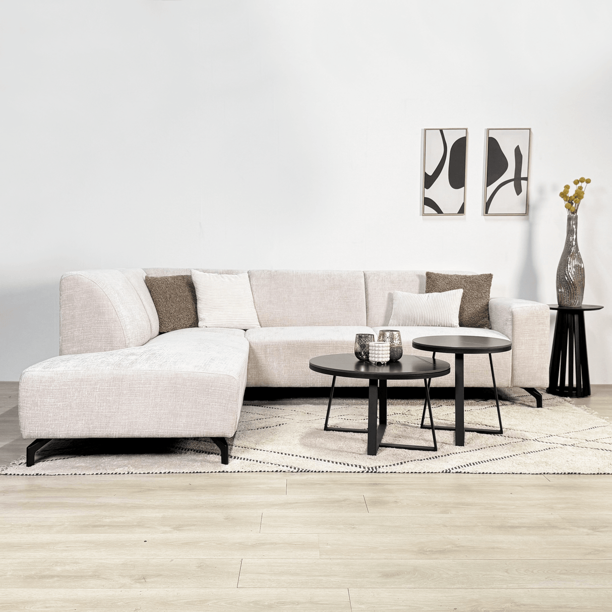 Divano angolare con chaise longue in tessuto ciniglia beige Manon - sinistra