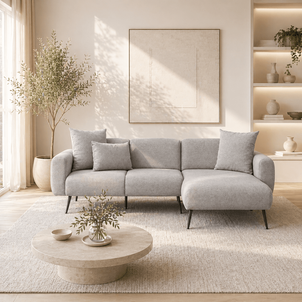 Divano angolare in tessuto grigio - Gambe alte e sottili - Interno solido - 252 x 155 cm - Laterale