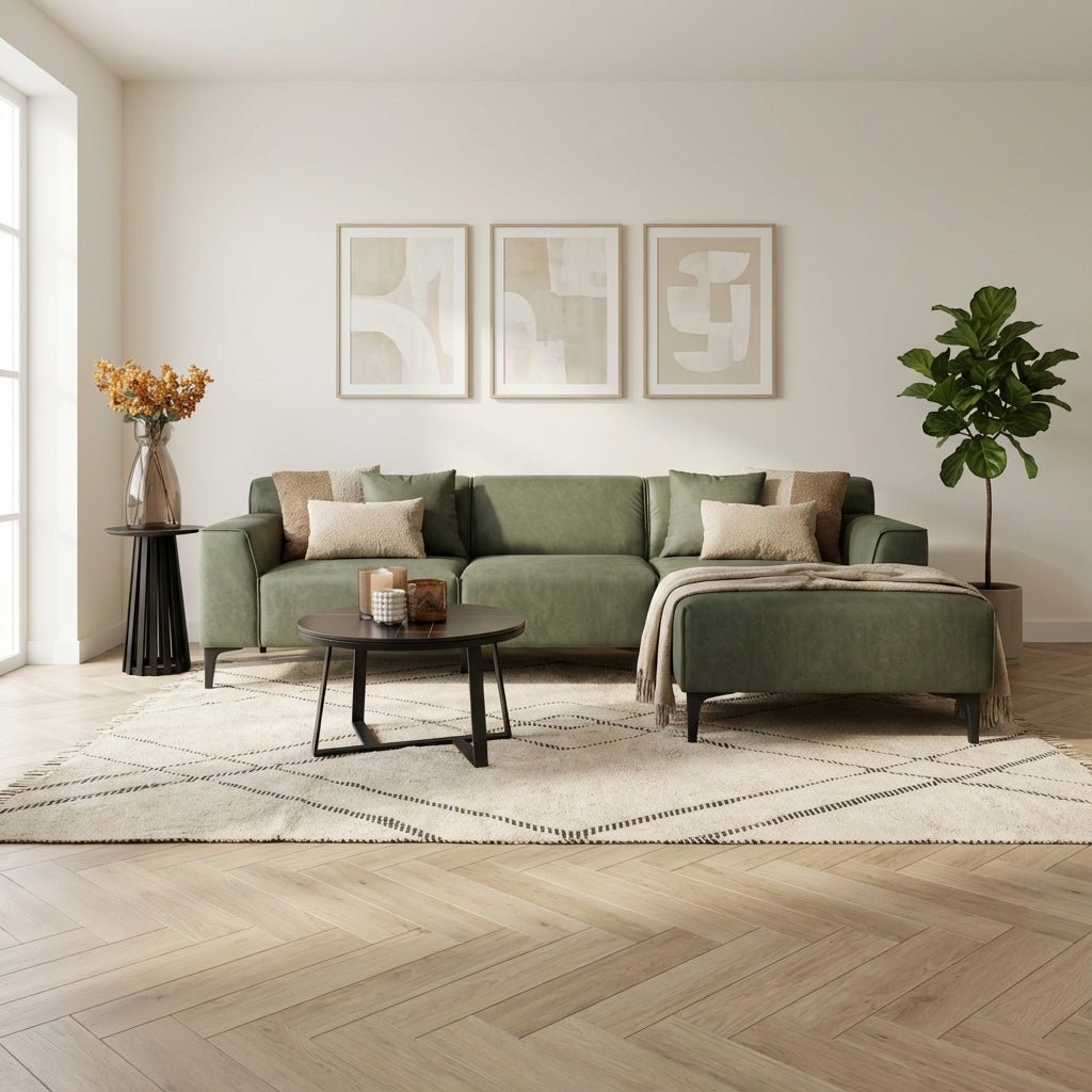 Divano angolare con divano compatto in microfibra verde Davidson: foto d'atmosfera giusta in interni moderni