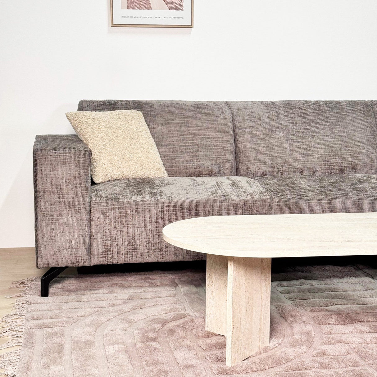 Divano angolare con chaise longue in tessuto ciniglia tortora Manon - destra