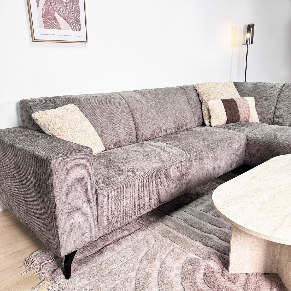 Divano angolare con chaise longue in tessuto ciniglia tortora Manon - destra