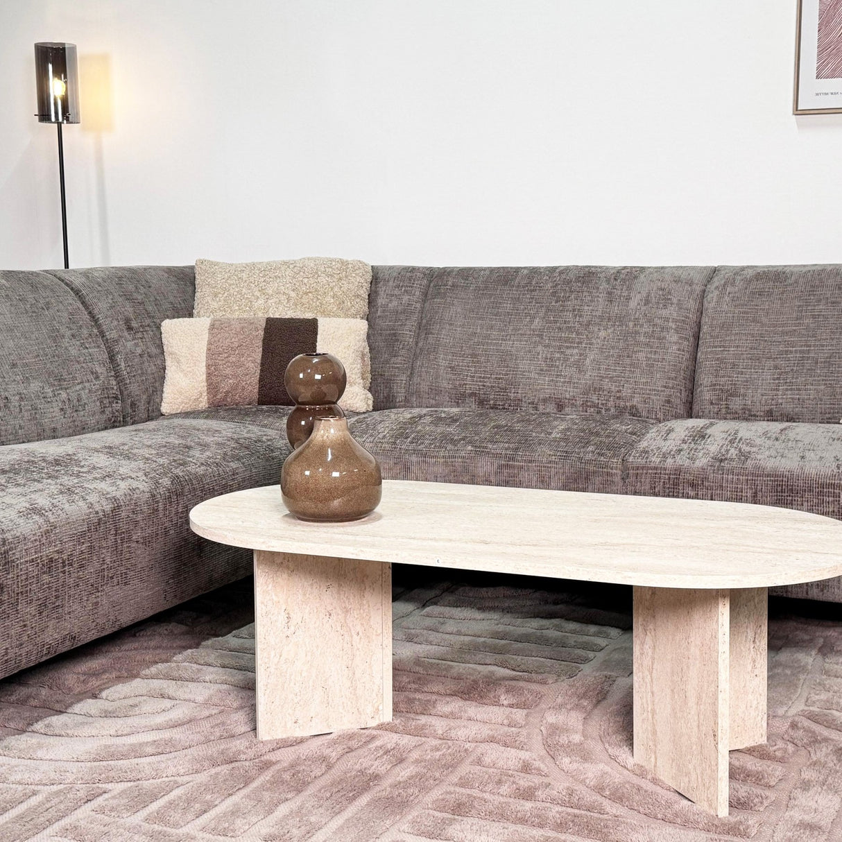 Divano angolare con chaise longue in tessuto ciniglia tortora Manon - sinistra