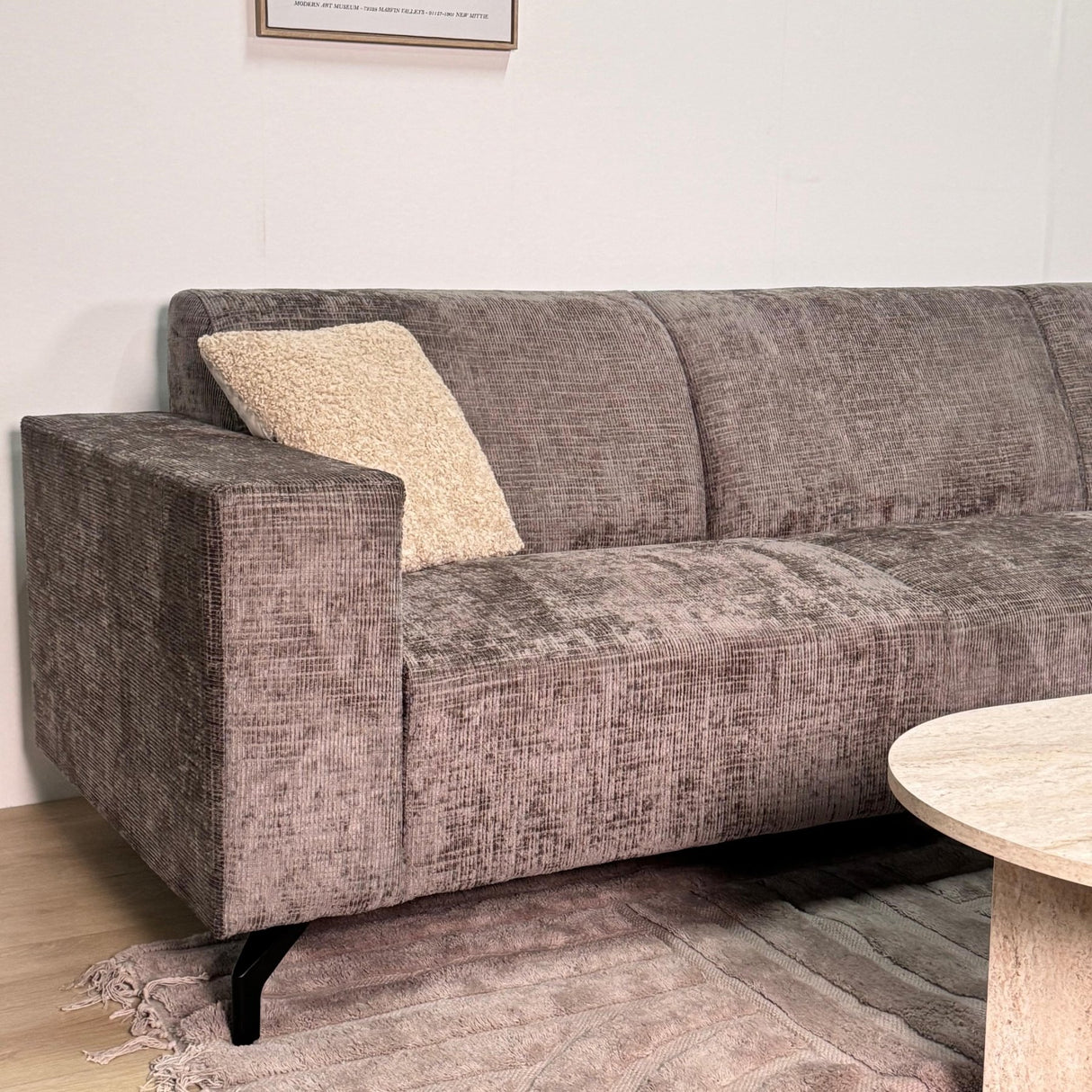 Divano angolare con chaise longue in tessuto ciniglia tortora Manon - destra