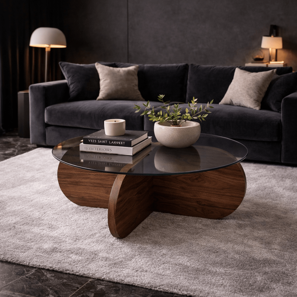 Tavolino rotondo Aris nobilitato noce e vetro trasparente 75 cm