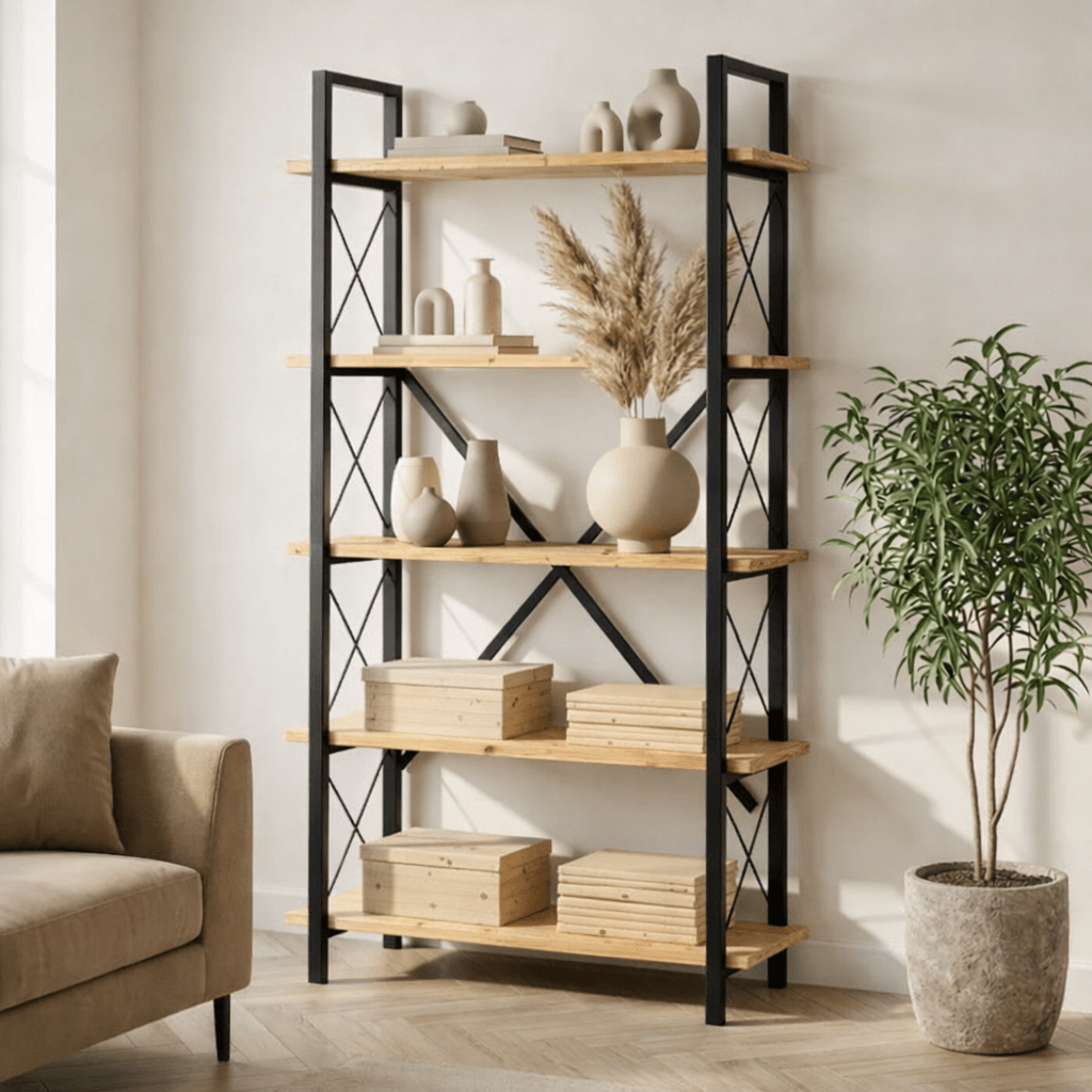 Boekenkasten - Industriële boekenkast eiken melamine Ely - zwart frame - 180x90 cm - Dimehouse
