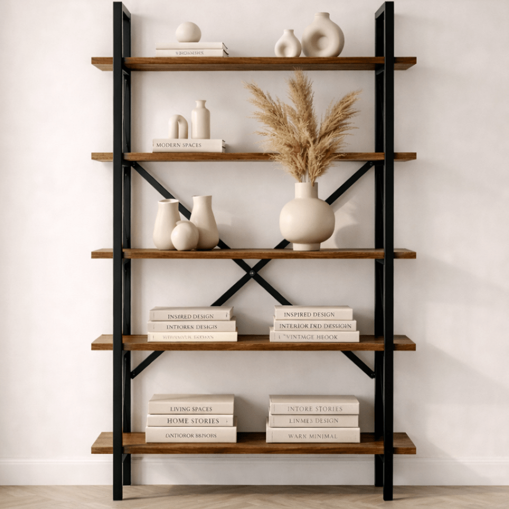 Boekenkasten - Industriële boekenkast walnoot melamine Ely - zwart frame - 180x90 cm - Dimehouse