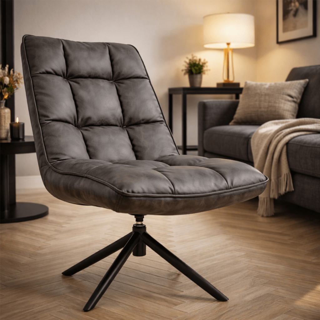 Poltroncina industriale girevole in ecopelle antracite girevole a 360° Yuki