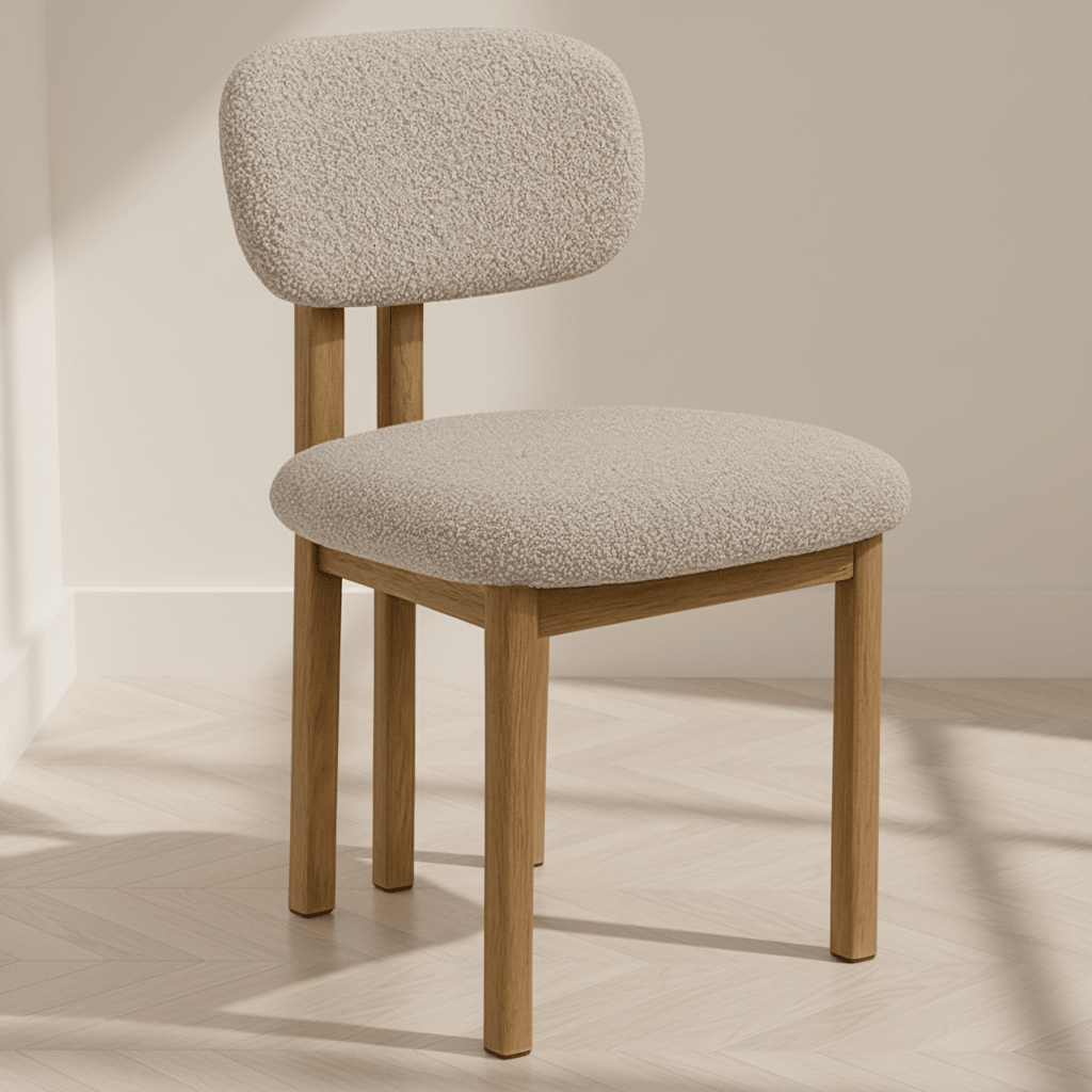 Sedia da sala da pranzo Japandi Miyo Bouclé colore sabbia - struttura effetto rovere