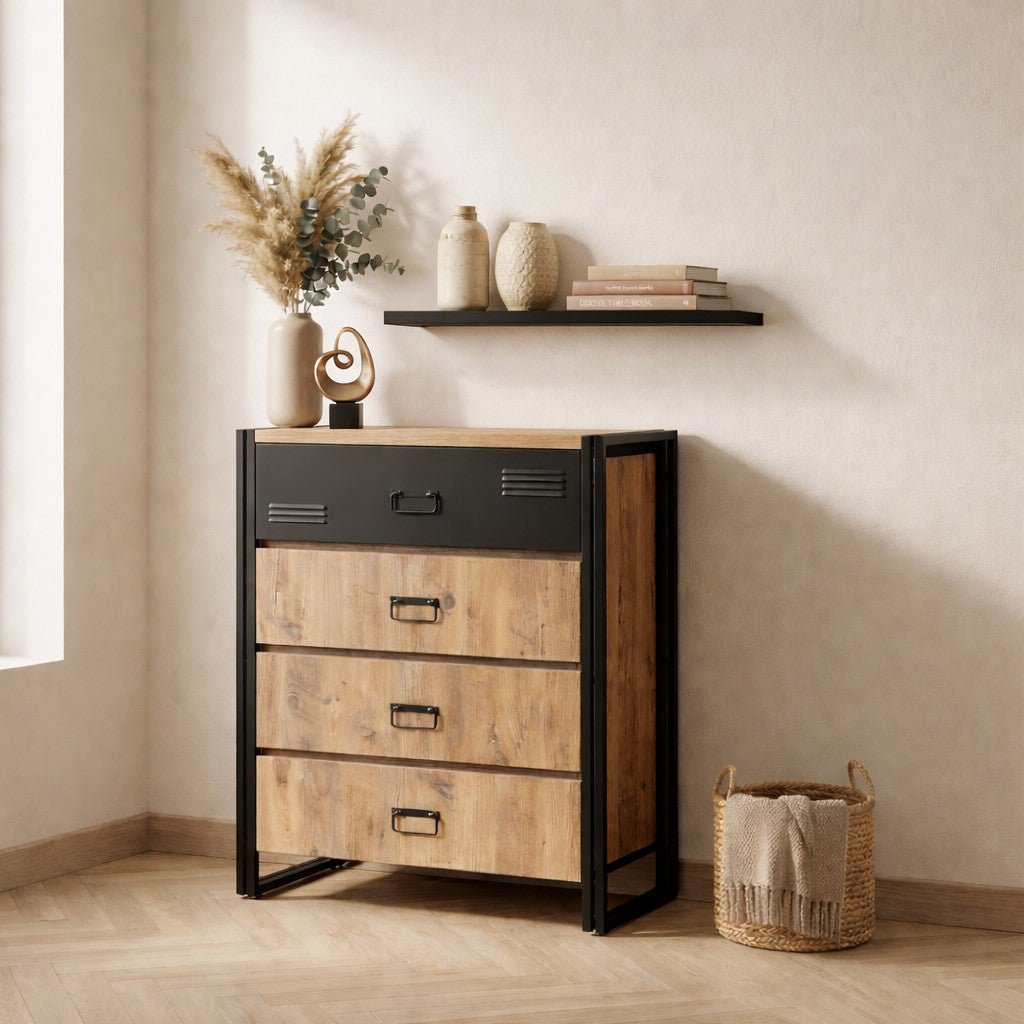 Ladekasten - Ladekast Cosmo Atlantisch Dennenhout Zwart Melamine - Dimehouse