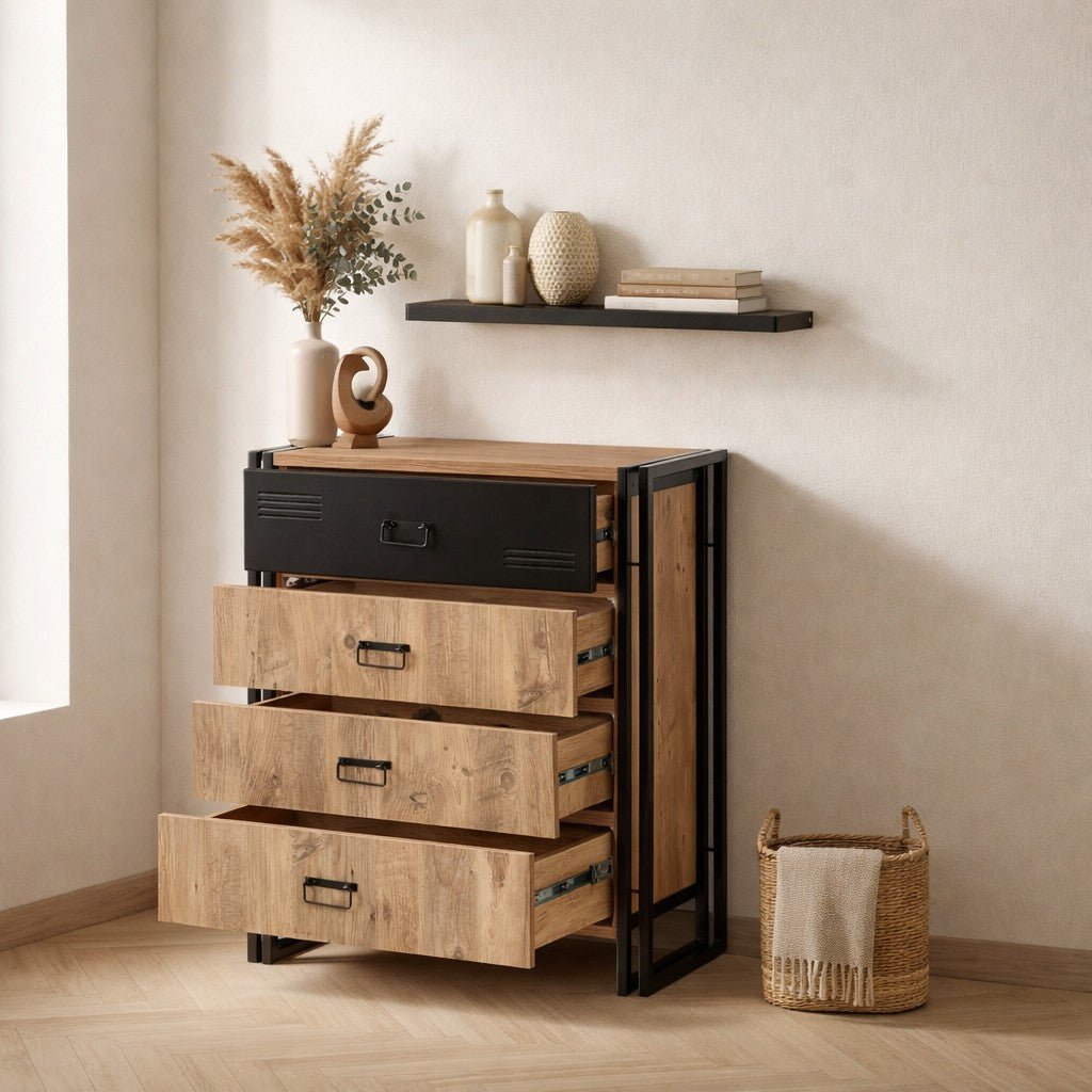 Ladekasten - Ladekast Cosmo Atlantisch Dennenhout Zwart Melamine - Dimehouse