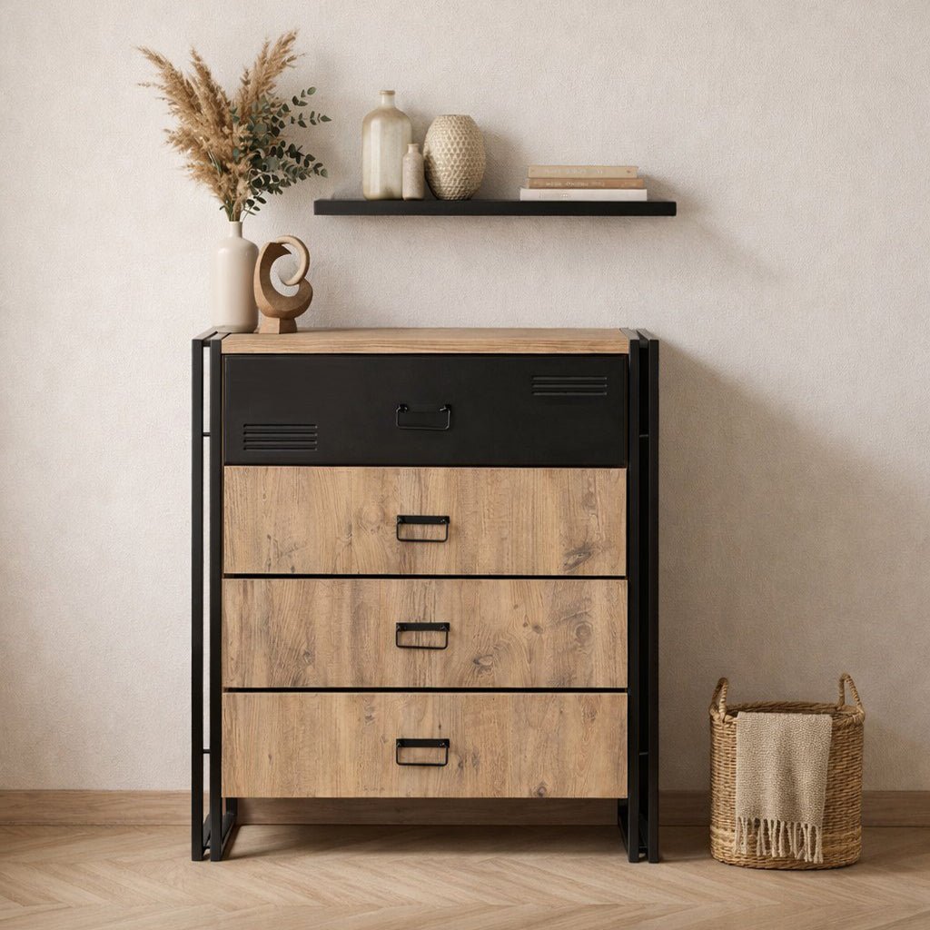 Ladekasten - Ladekast Cosmo Atlantisch Dennenhout Zwart Melamine - Dimehouse