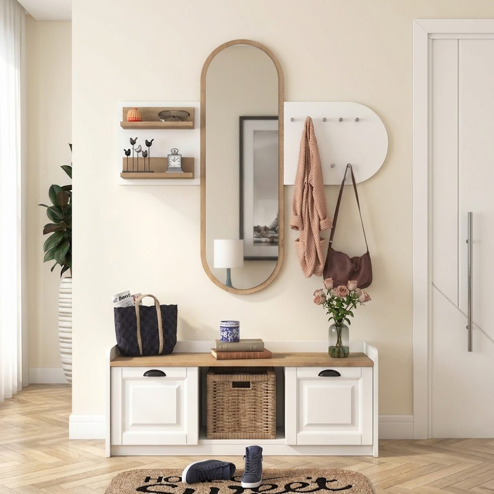Set di mobili Appendiabiti - Specchio - Scarpiera - Melaminico Bianco-Noce - Hally