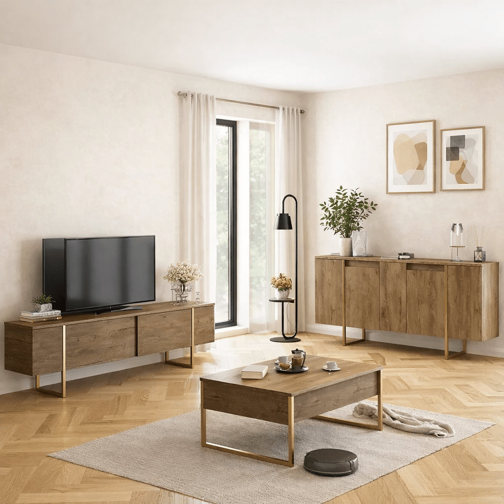 Set di mobili di lusso in noce - Tavolino + Mobile TV + Credenza - Cornice dorata