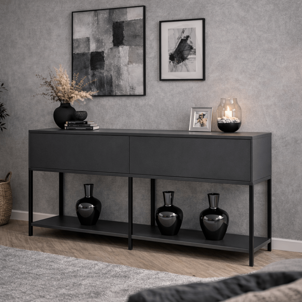 Dressoirs - Modern Dressoir Antraciet Lord 150x30x80 - Zwart Frame - Twee Vakken - Dimehouse