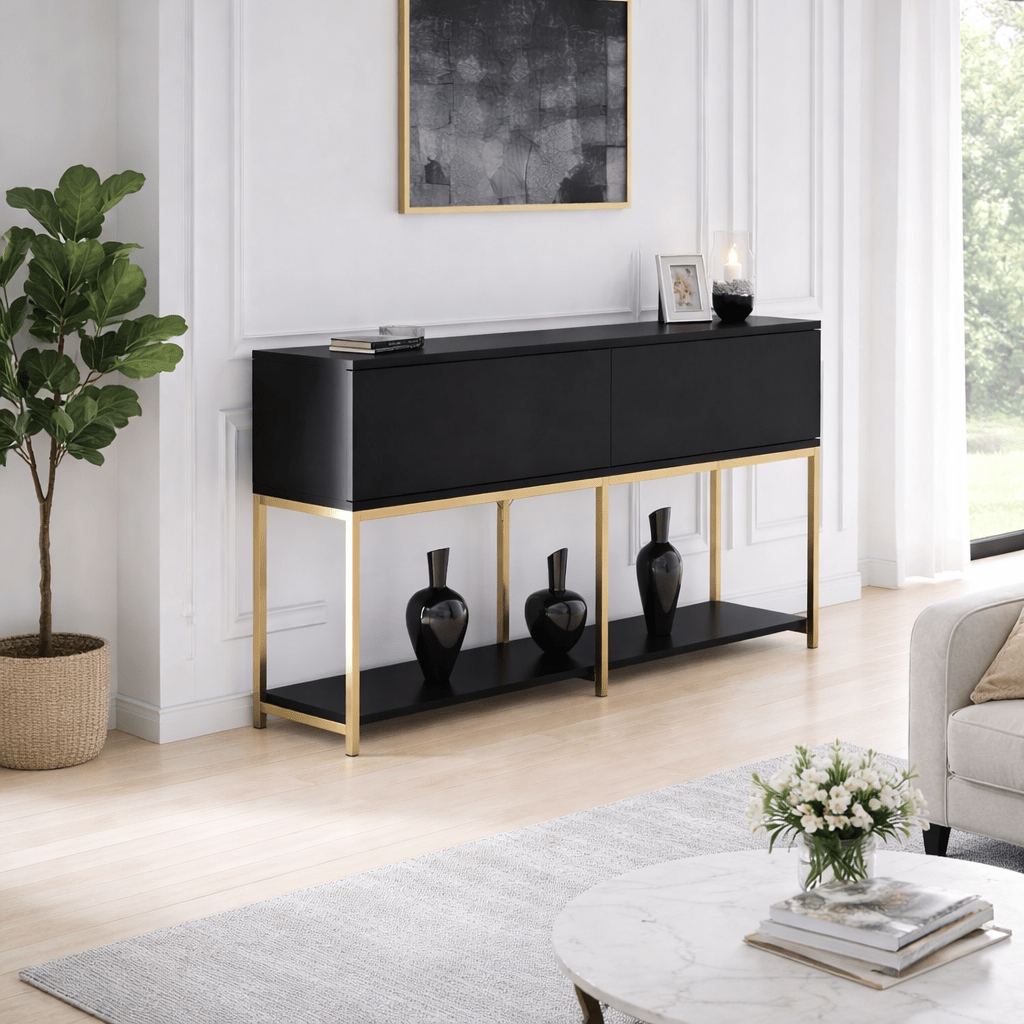 Dressoirs - Modern Dressoir Zwart Lord 150x30x80 - Gouden Frame - Twee Vakken - Dimehouse