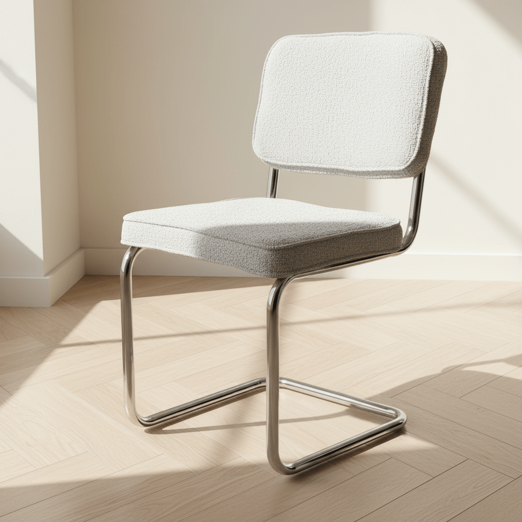 Sedia da pranzo moderna in tessuto Bouclé grigio Sway - Struttura cromata - Senza braccioli