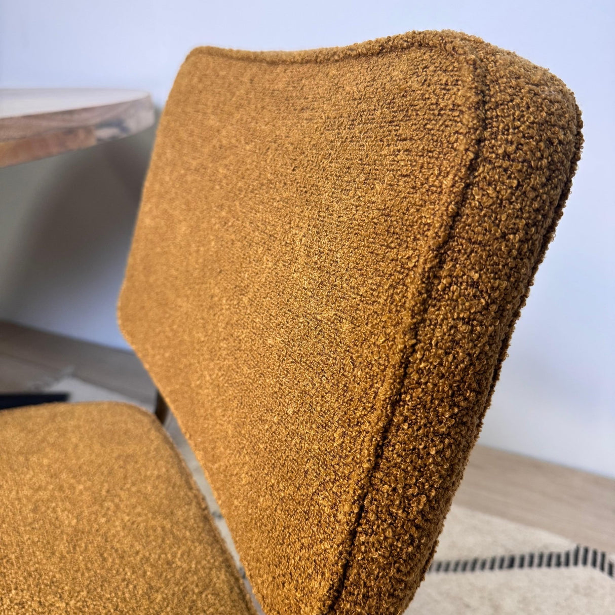 Eetkamerstoelen - Moderne Eetkamerstoel Koper Bouclé Stof Sway - Chrome Frame - Zonder Armleuningen - Dimehouse