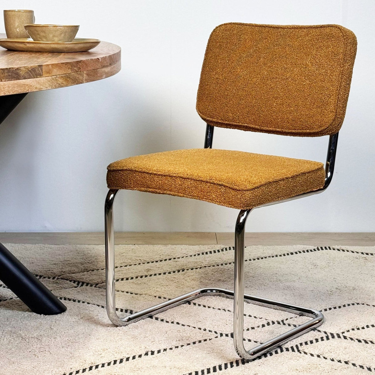 Eetkamerstoelen - Moderne Eetkamerstoel Koper Bouclé Stof Sway - Chrome Frame - Zonder Armleuningen - Dimehouse