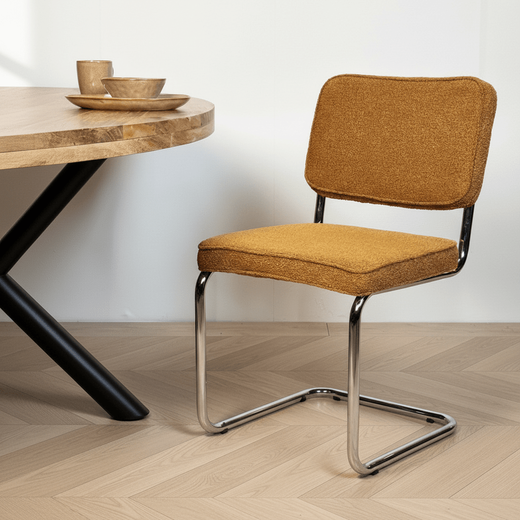Sedia da pranzo moderna in tessuto Bouclé color rame Sway - Struttura cromata - Senza braccioli