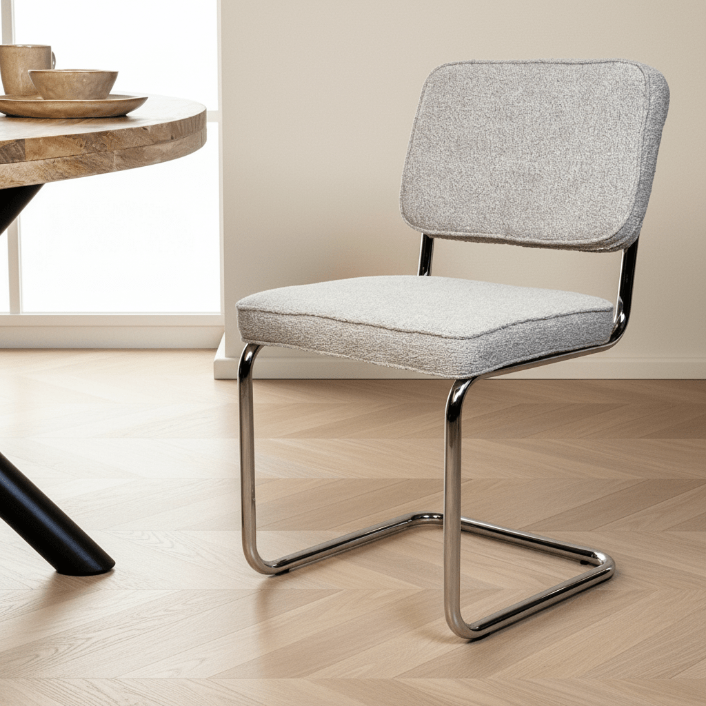 Sedia da sala da pranzo moderna in tessuto bouclé color sabbia Sway - struttura cromata - senza braccioli in un arredamento moderno