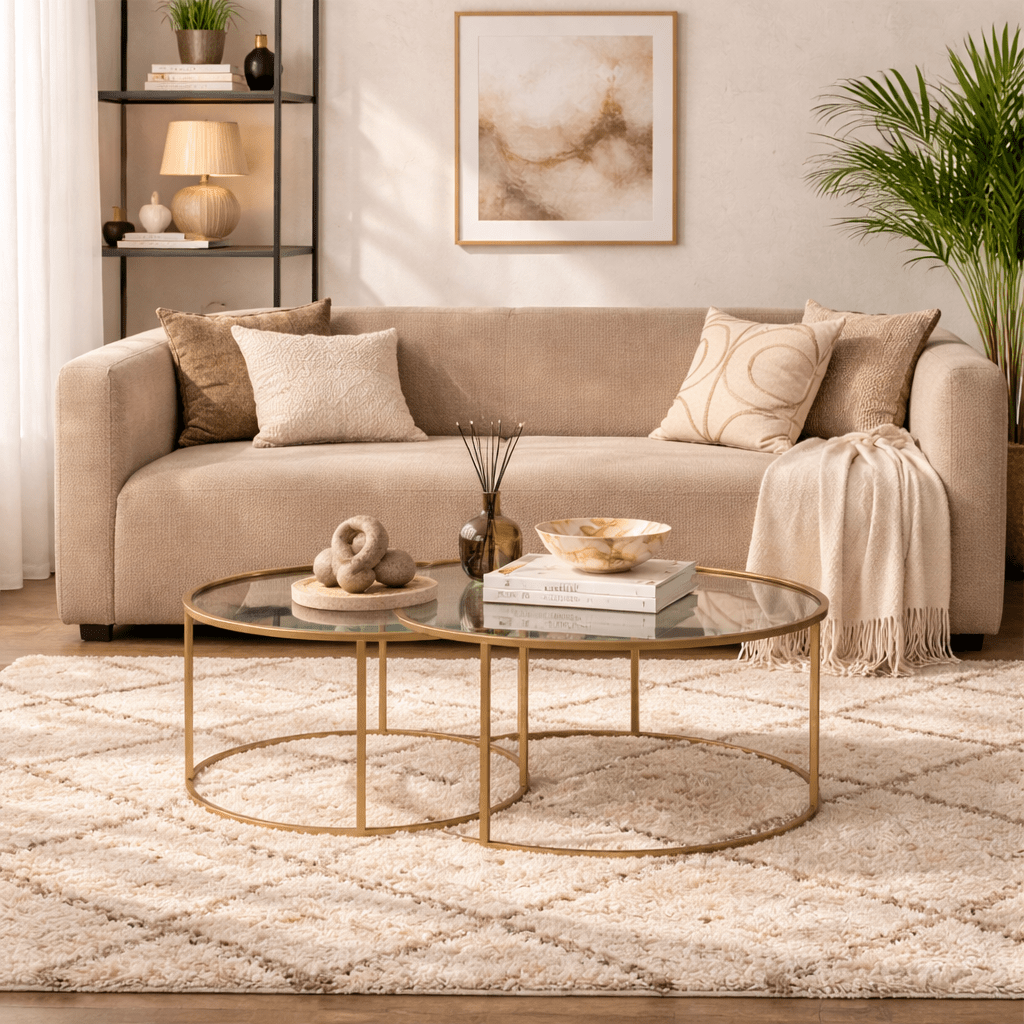 Set di 2 tavolini da caffè rotondi moderni Uru Gold - Vetro trasparente - 80/60 cm