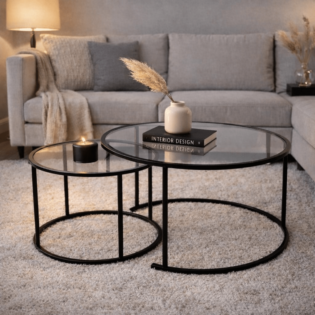 Set di 2 tavolini da caffè rotondi moderni Uru Nero - Vetro Trasparente - 80/60 cm