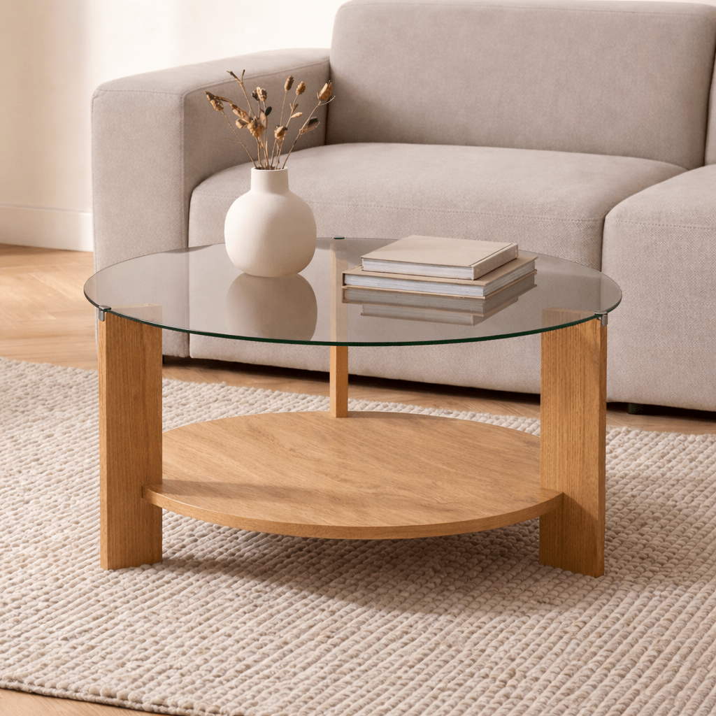 Salontafels - Ronde salontafel eiken melamine rookglas Ø75 cm - Cairo - Dimehouse