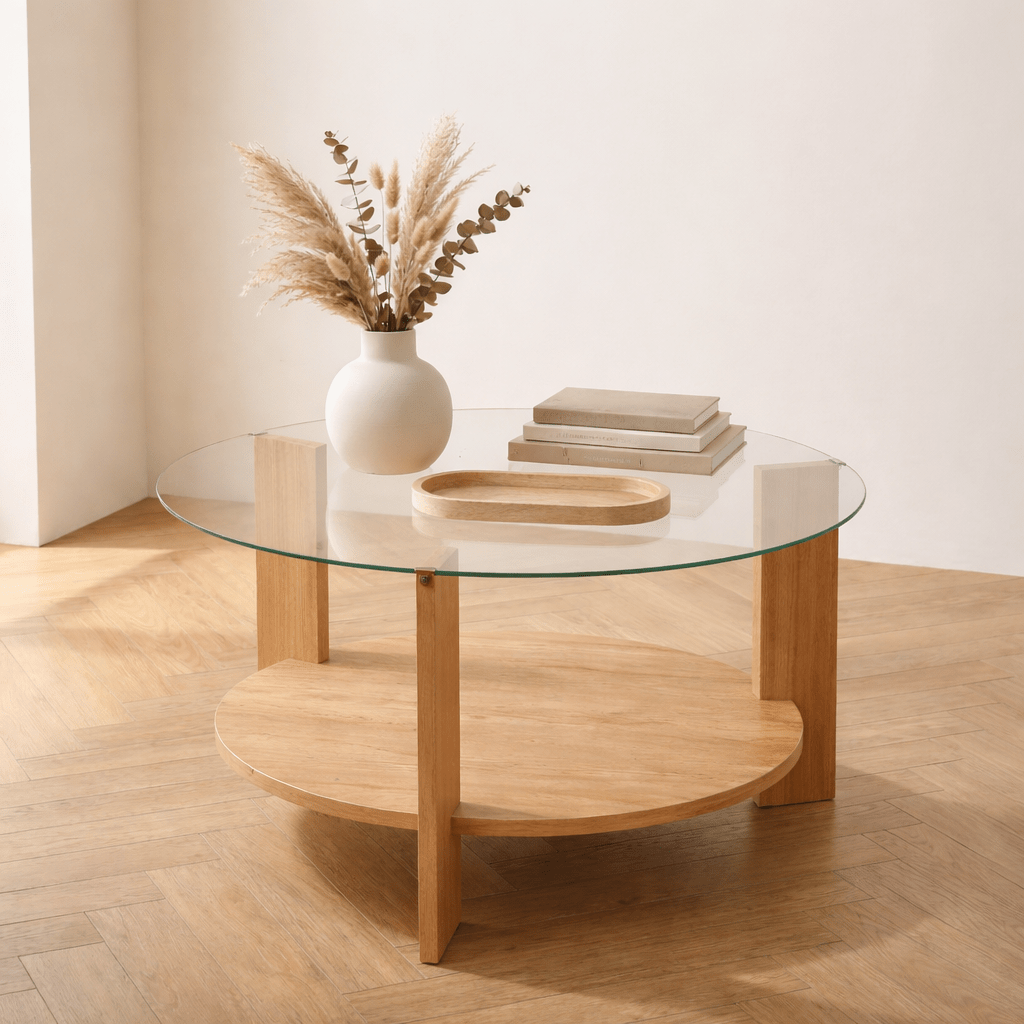 Salontafels - Ronde salontafel eiken melamine transparant glas Ø75 cm - Cairo - Dimehouse