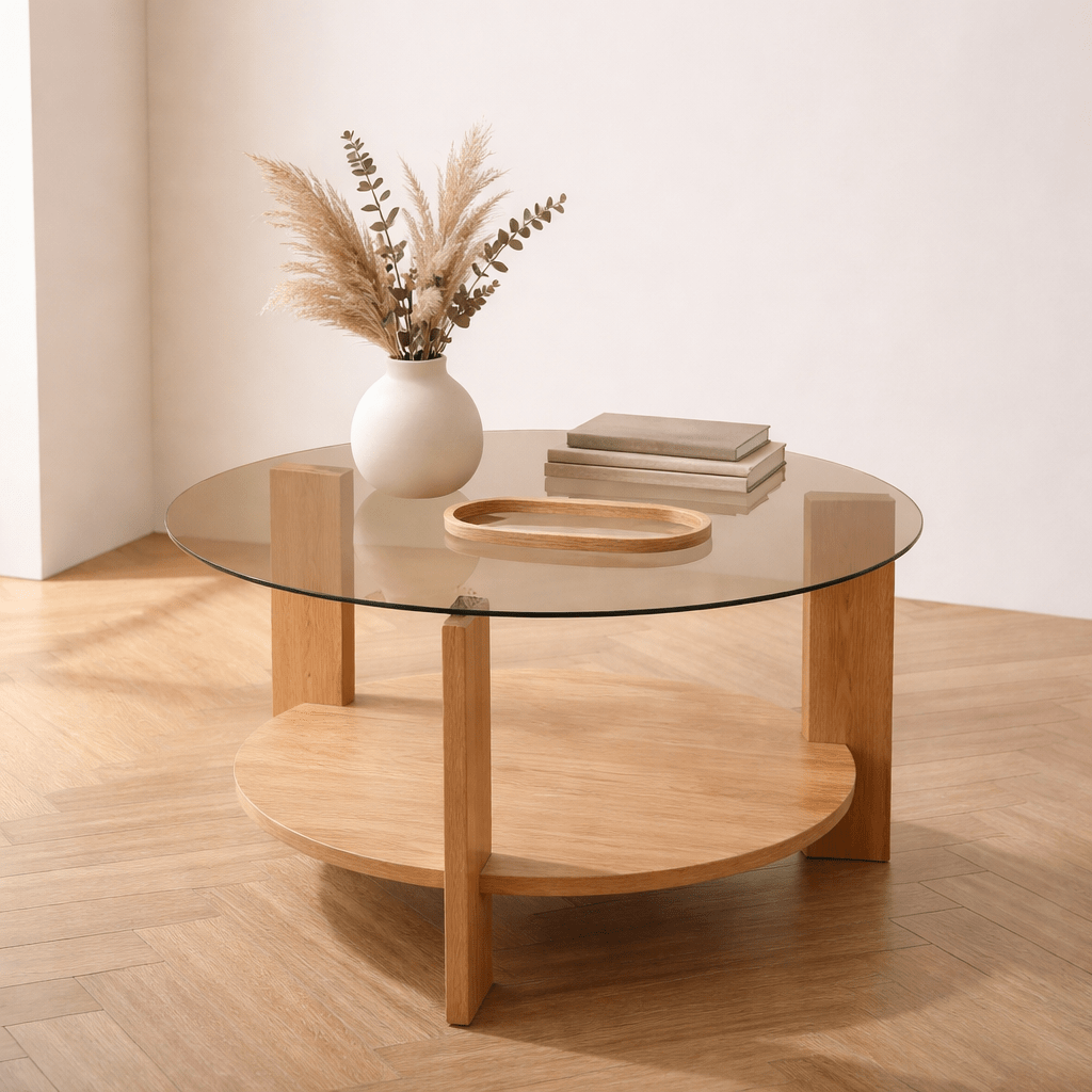 Salontafels - Ronde salontafel eiken melamine rookglas Ø75 cm - Cairo - Dimehouse